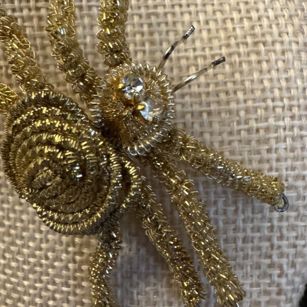 Gold-Tone Handmade Wire Spider Brooch With Rhinestone Accents - Picture 4 of 14